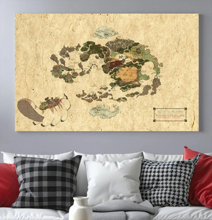 An Avatar The Last Airbender World Map Canvas Wall Art, showcasing a fantasy-inspired map print, hangs gracefully.