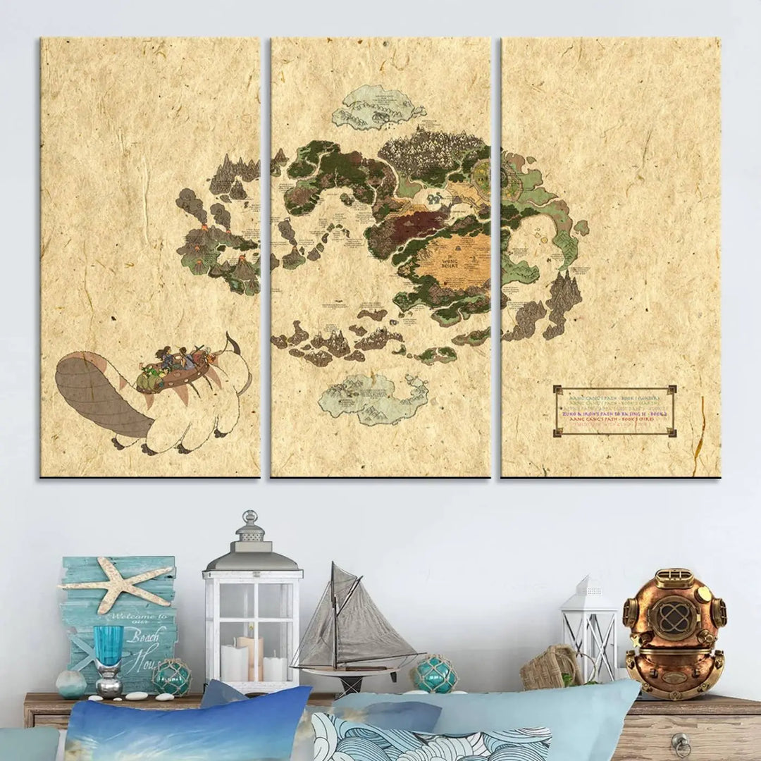 An Avatar The Last Airbender World Map Canvas Wall Art, showcasing a fantasy-inspired map print, hangs gracefully.