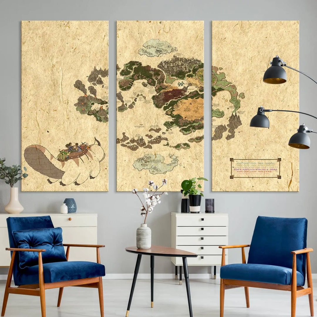 An Avatar The Last Airbender World Map Canvas Wall Art, showcasing a fantasy-inspired map print, hangs gracefully.