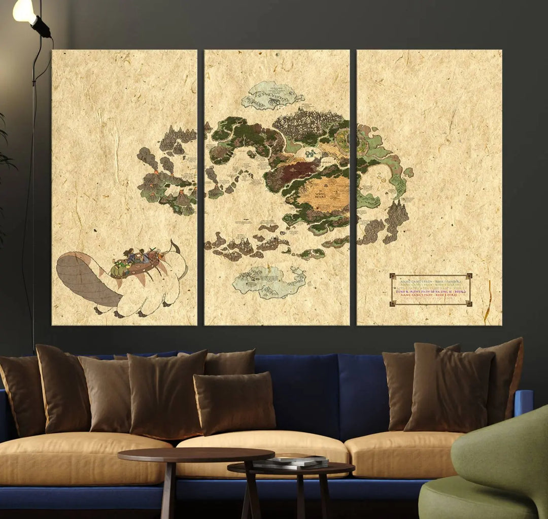 An Avatar The Last Airbender World Map Canvas Wall Art, showcasing a fantasy-inspired map print, hangs gracefully.