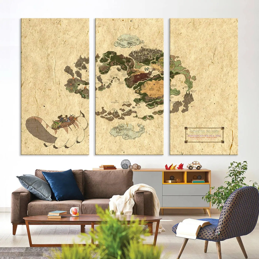 An Avatar The Last Airbender World Map Canvas Wall Art, showcasing a fantasy-inspired map print, hangs gracefully.