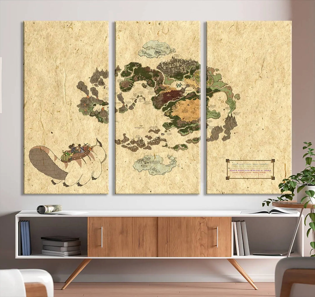 An Avatar The Last Airbender World Map Canvas Wall Art, showcasing a fantasy-inspired map print, hangs gracefully.