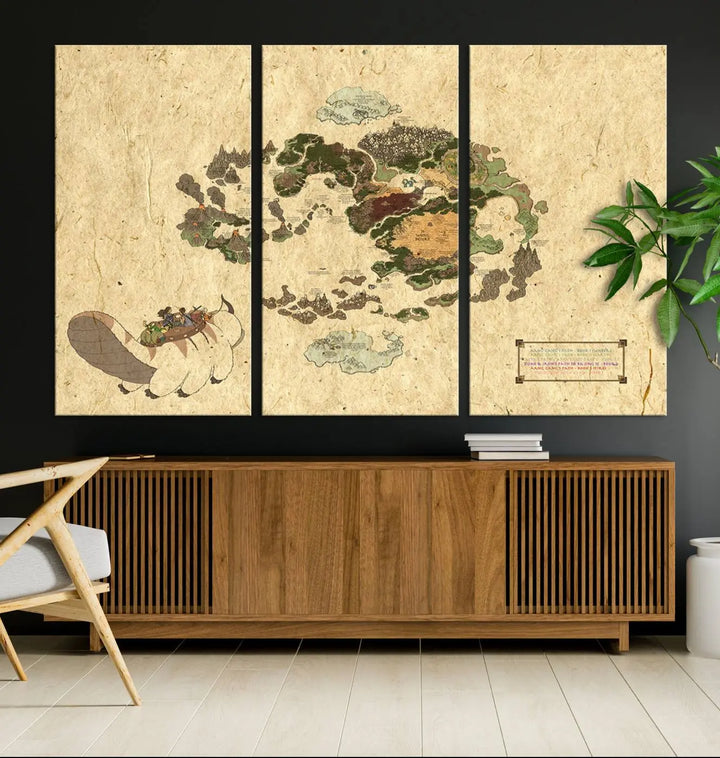 An Avatar The Last Airbender World Map Canvas Wall Art, showcasing a fantasy-inspired map print, hangs gracefully.