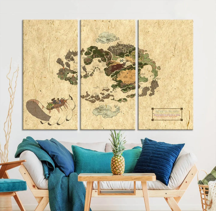 An Avatar The Last Airbender World Map Canvas Wall Art, showcasing a fantasy-inspired map print, hangs gracefully.