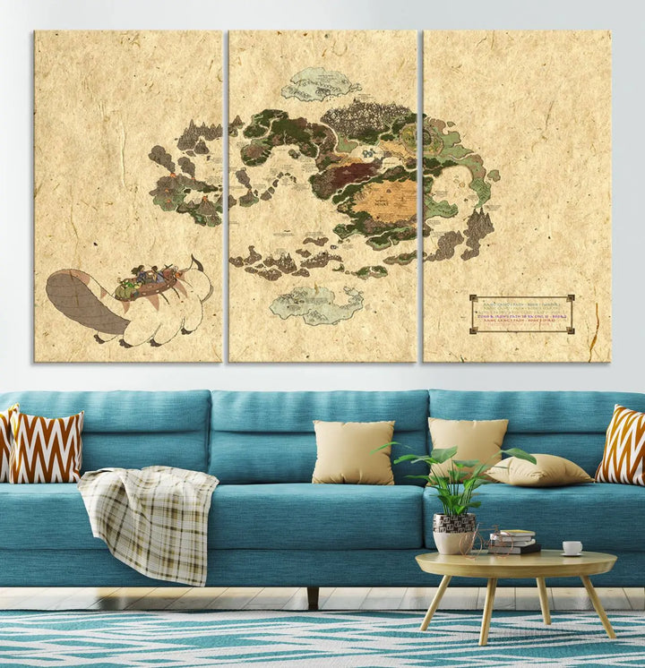 An Avatar The Last Airbender World Map Canvas Wall Art, showcasing a fantasy-inspired map print, hangs gracefully.