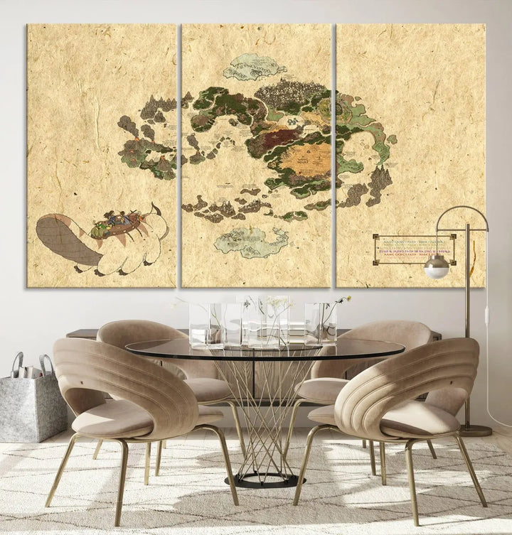 An Avatar The Last Airbender World Map Canvas Wall Art, showcasing a fantasy-inspired map print, hangs gracefully.