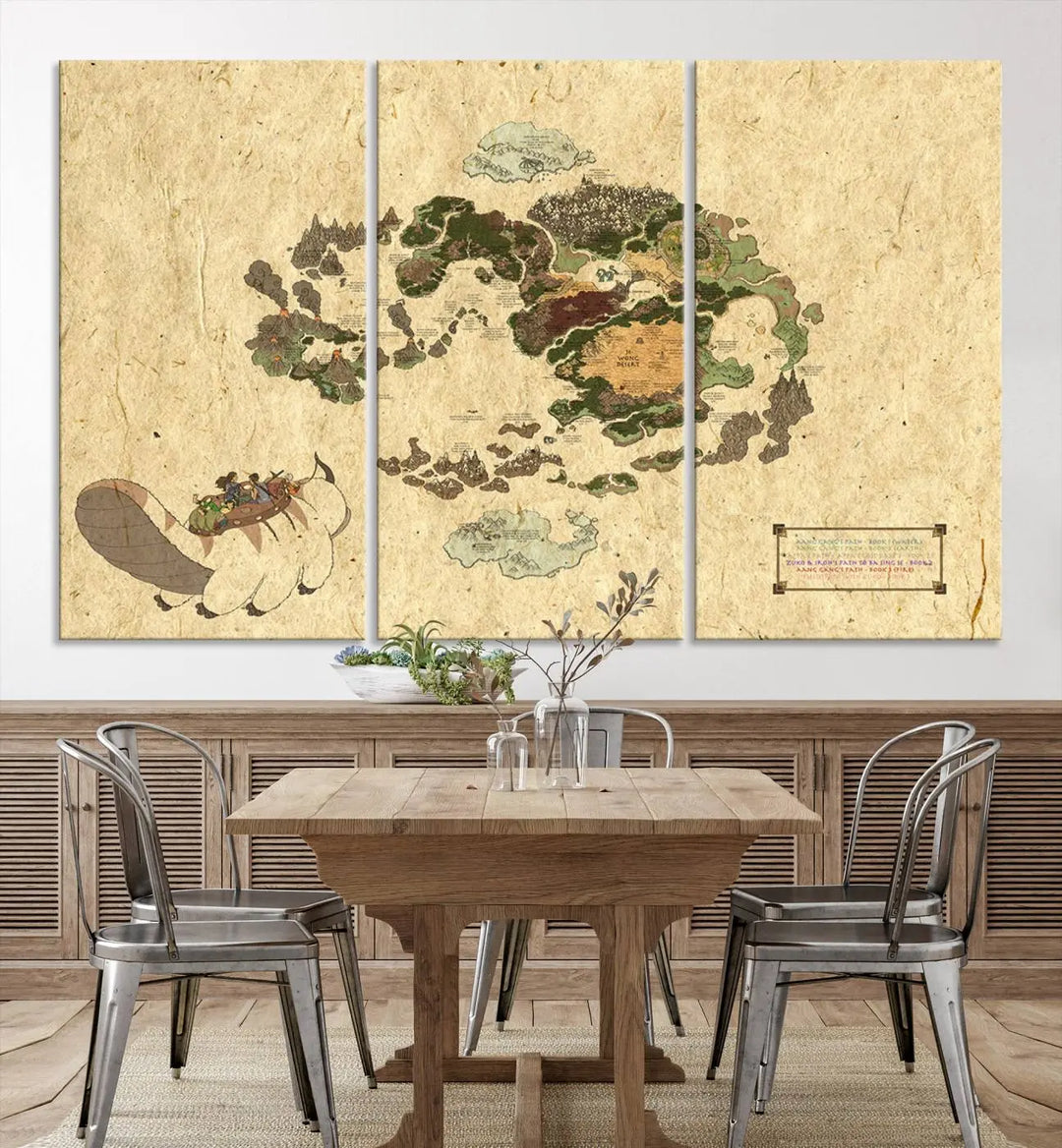 An Avatar The Last Airbender World Map Canvas Wall Art, showcasing a fantasy-inspired map print, hangs gracefully.