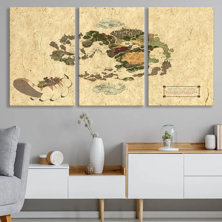 An Avatar The Last Airbender World Map Canvas Wall Art, showcasing a fantasy-inspired map print, hangs gracefully.