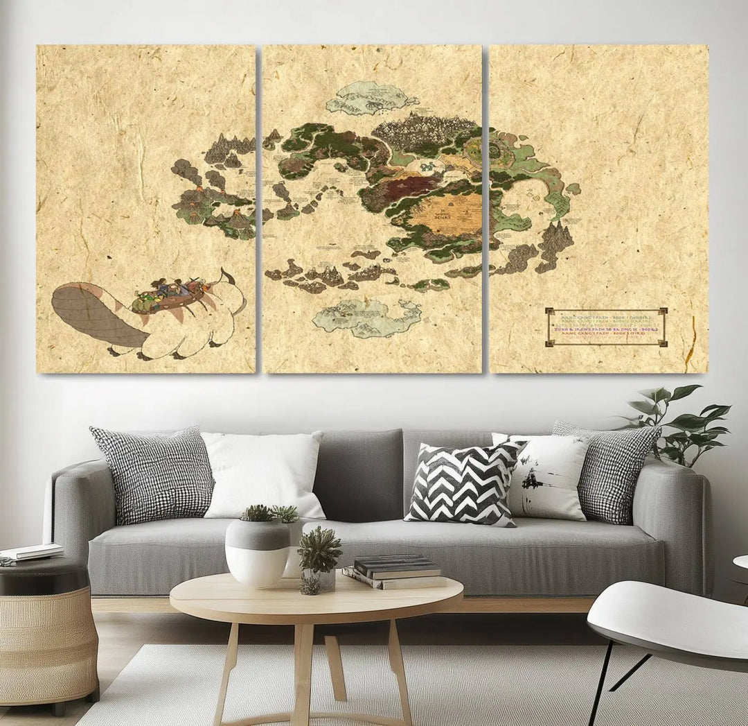 An Avatar The Last Airbender World Map Canvas Wall Art, showcasing a fantasy-inspired map print, hangs gracefully.