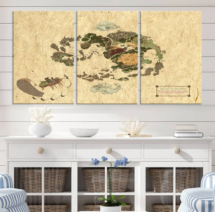 An Avatar The Last Airbender World Map Canvas Wall Art, showcasing a fantasy-inspired map print, hangs gracefully.