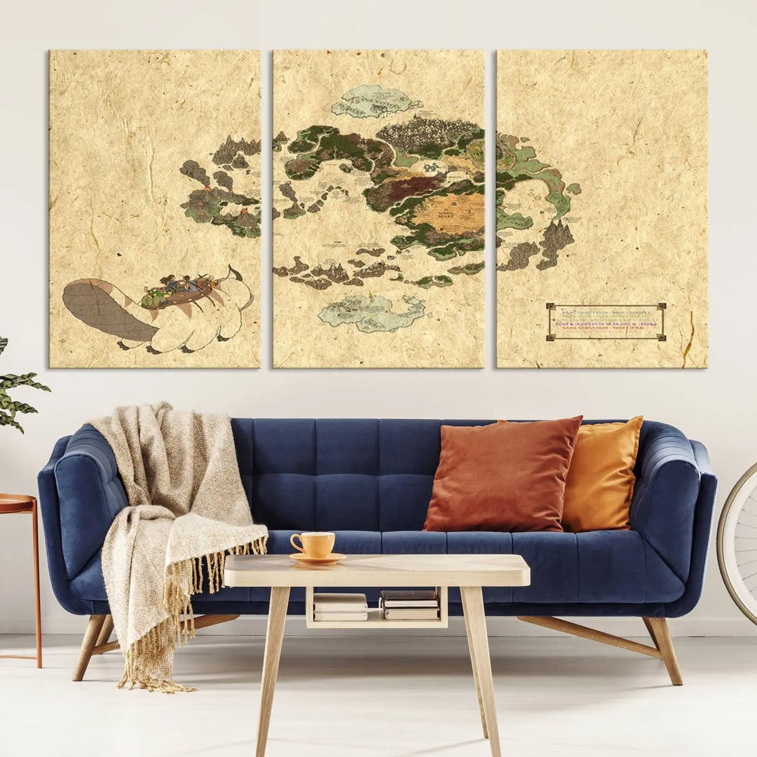 An Avatar The Last Airbender World Map Canvas Wall Art, showcasing a fantasy-inspired map print, hangs gracefully.