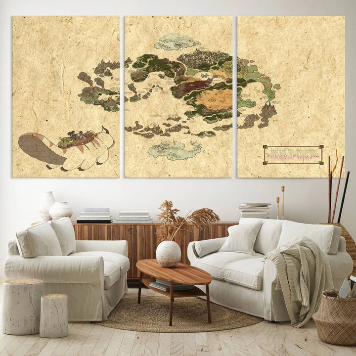 An Avatar The Last Airbender World Map Canvas Wall Art, showcasing a fantasy-inspired map print, hangs gracefully.