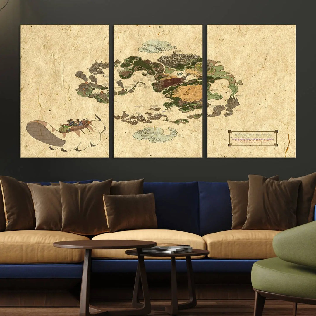 An Avatar The Last Airbender World Map Canvas Wall Art, showcasing a fantasy-inspired map print, hangs gracefully.