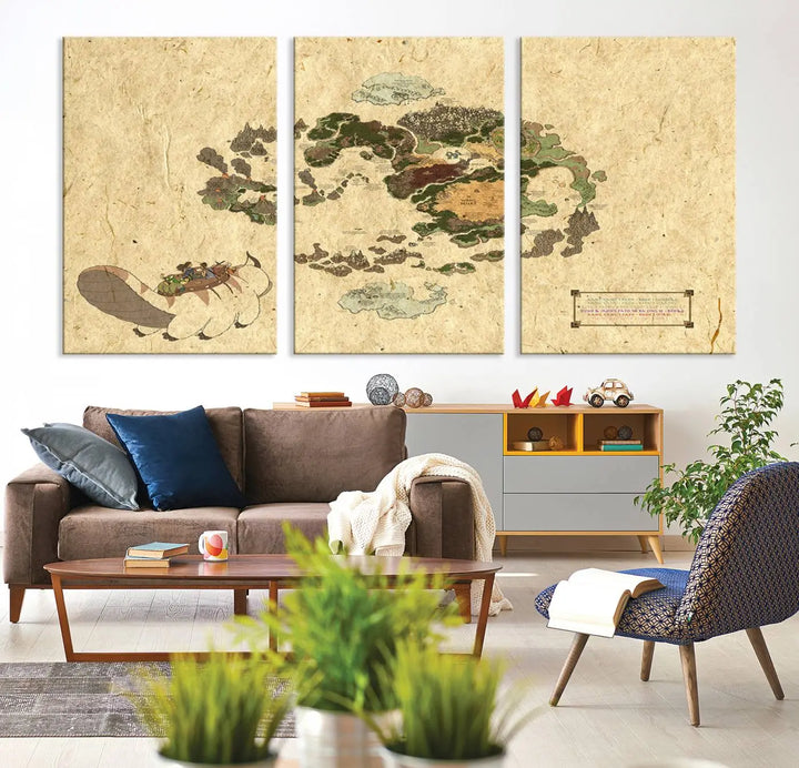 An Avatar The Last Airbender World Map Canvas Wall Art, showcasing a fantasy-inspired map print, hangs gracefully.