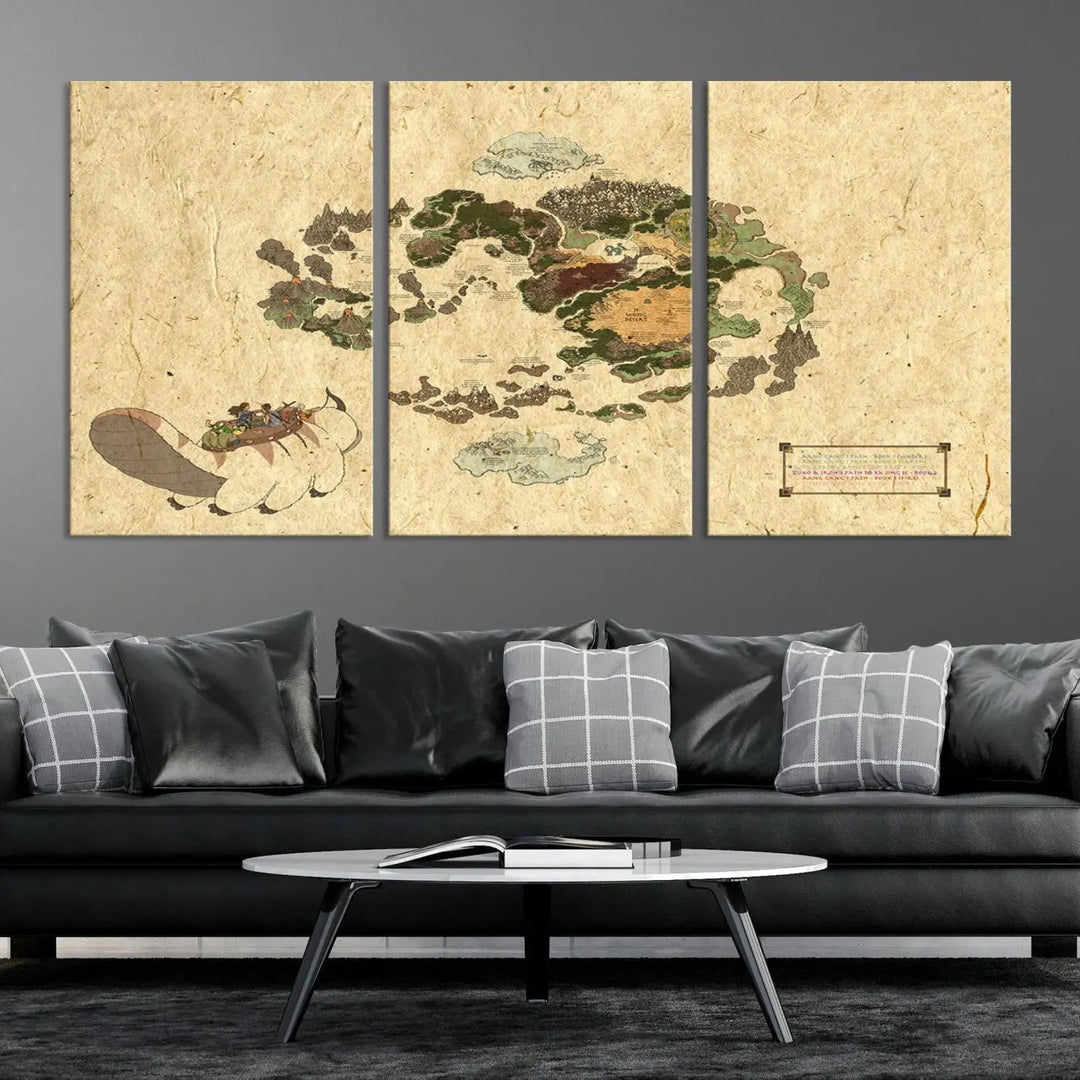 An Avatar The Last Airbender World Map Canvas Wall Art, showcasing a fantasy-inspired map print, hangs gracefully.