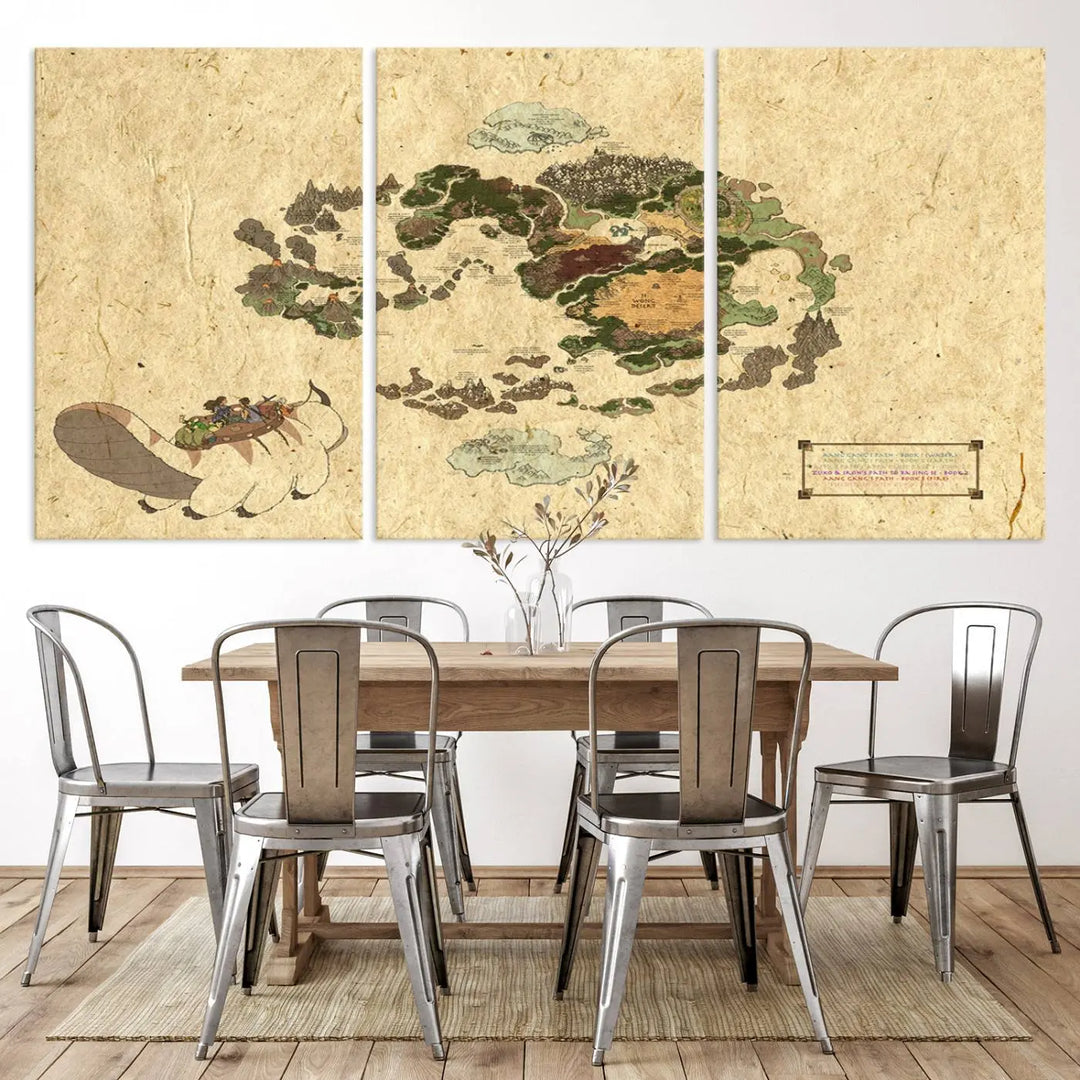 An Avatar The Last Airbender World Map Canvas Wall Art, showcasing a fantasy-inspired map print, hangs gracefully.