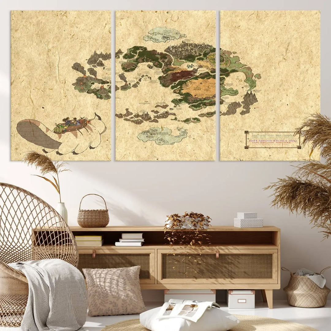 An Avatar The Last Airbender World Map Canvas Wall Art, showcasing a fantasy-inspired map print, hangs gracefully.