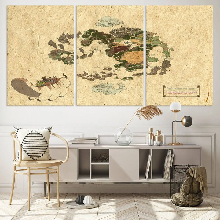 An Avatar The Last Airbender World Map Canvas Wall Art, showcasing a fantasy-inspired map print, hangs gracefully.