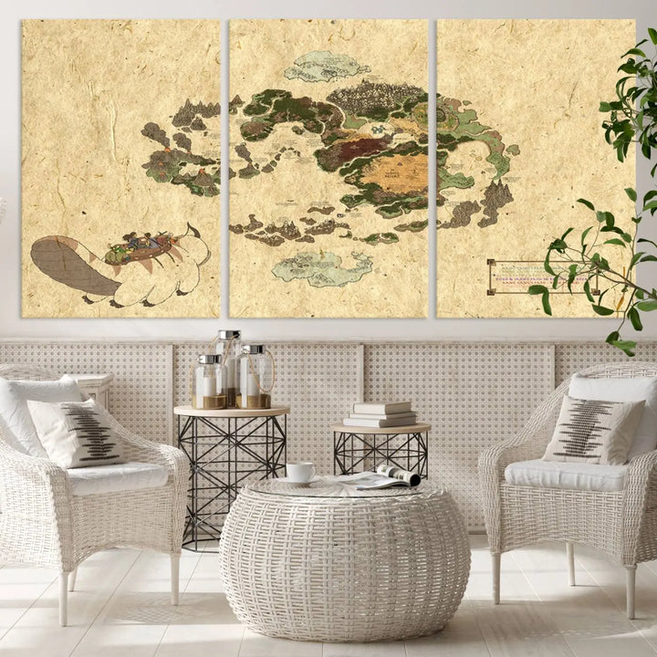 An Avatar The Last Airbender World Map Canvas Wall Art, showcasing a fantasy-inspired map print, hangs gracefully.