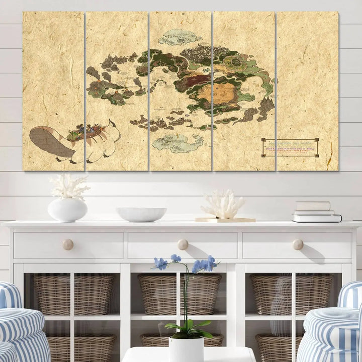 An Avatar The Last Airbender World Map Canvas Wall Art, showcasing a fantasy-inspired map print, hangs gracefully.