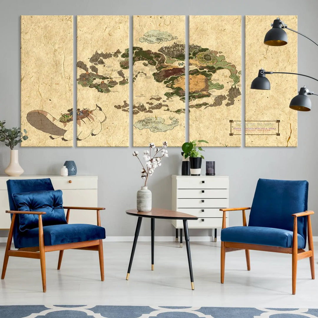 An Avatar The Last Airbender World Map Canvas Wall Art, showcasing a fantasy-inspired map print, hangs gracefully.