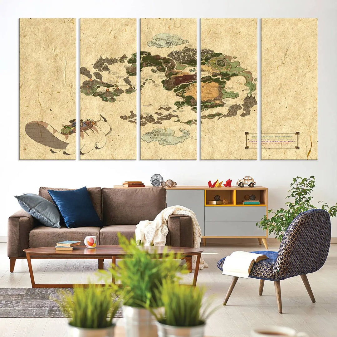 An Avatar The Last Airbender World Map Canvas Wall Art, showcasing a fantasy-inspired map print, hangs gracefully.