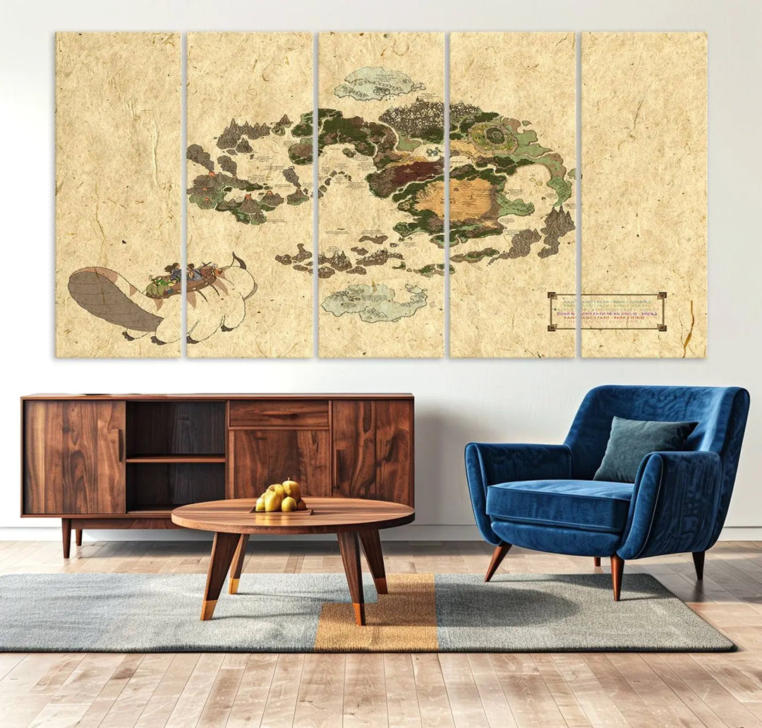 An Avatar The Last Airbender World Map Canvas Wall Art, showcasing a fantasy-inspired map print, hangs gracefully.