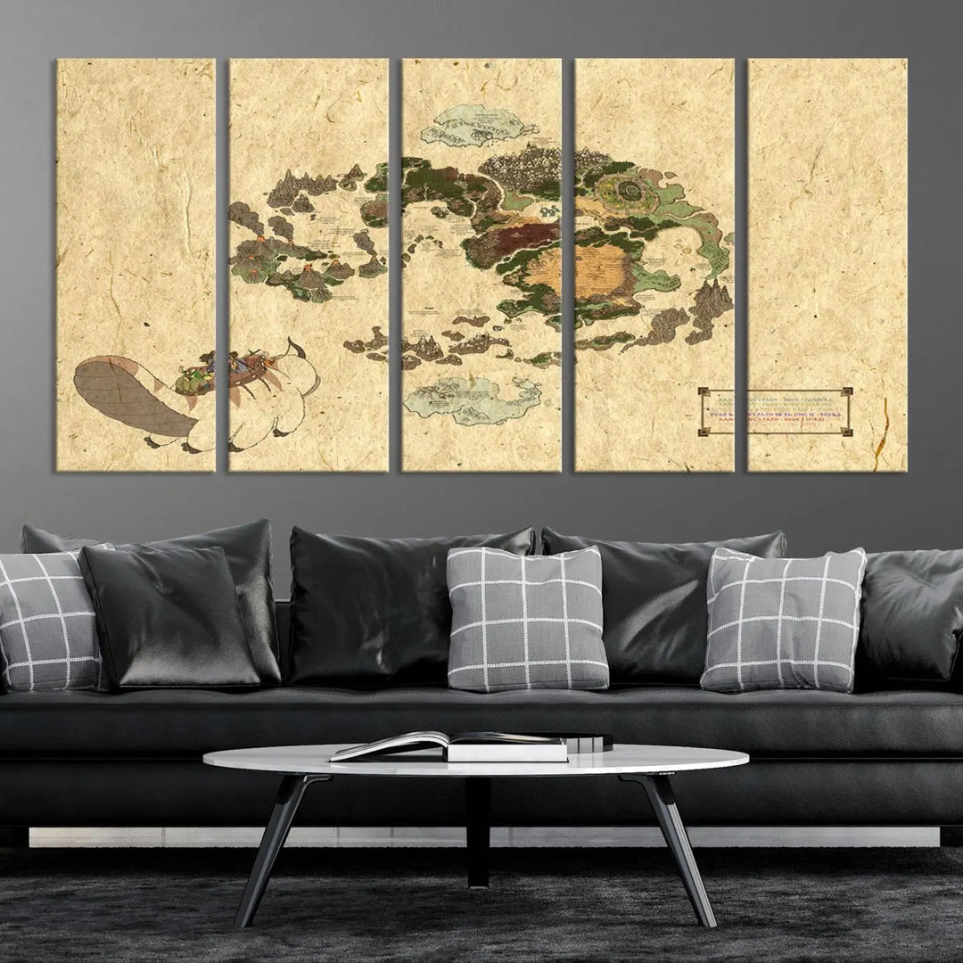 An Avatar The Last Airbender World Map Canvas Wall Art, showcasing a fantasy-inspired map print, hangs gracefully.