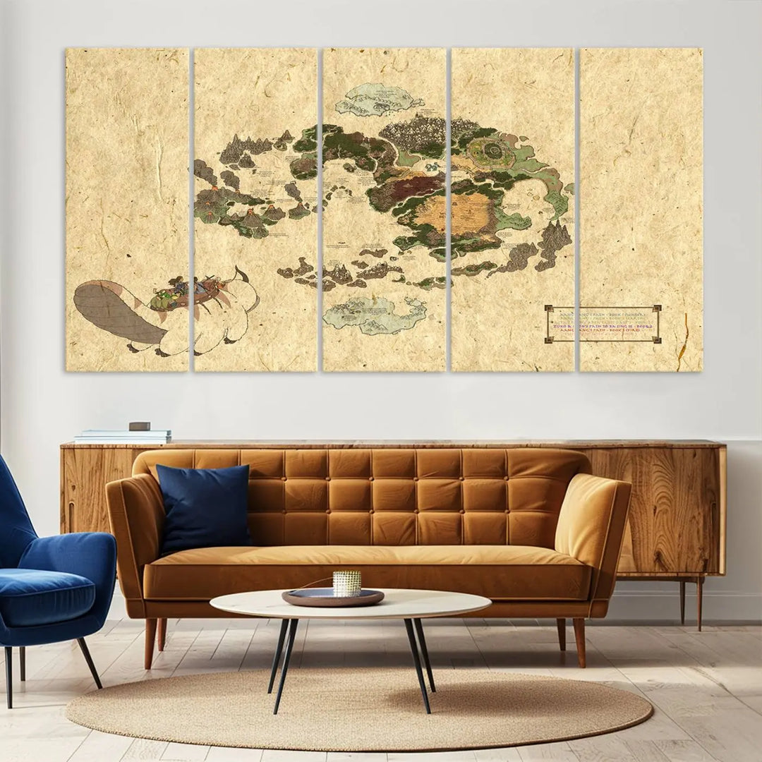 An Avatar The Last Airbender World Map Canvas Wall Art, showcasing a fantasy-inspired map print, hangs gracefully.