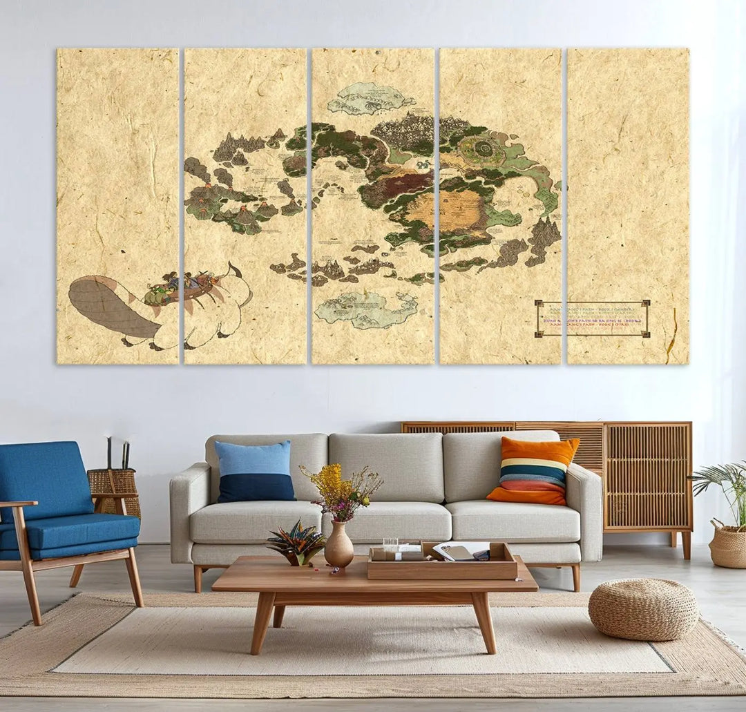 An Avatar The Last Airbender World Map Canvas Wall Art, showcasing a fantasy-inspired map print, hangs gracefully.