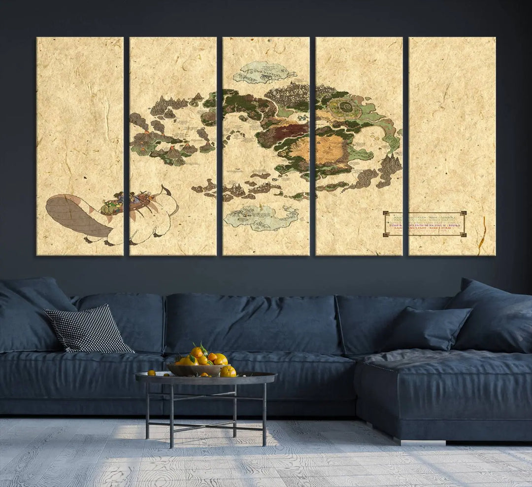 An Avatar The Last Airbender World Map Canvas Wall Art, showcasing a fantasy-inspired map print, hangs gracefully.