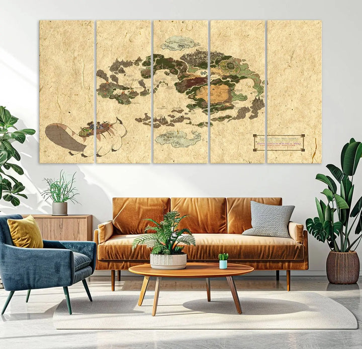 An Avatar The Last Airbender World Map Canvas Wall Art, showcasing a fantasy-inspired map print, hangs gracefully.