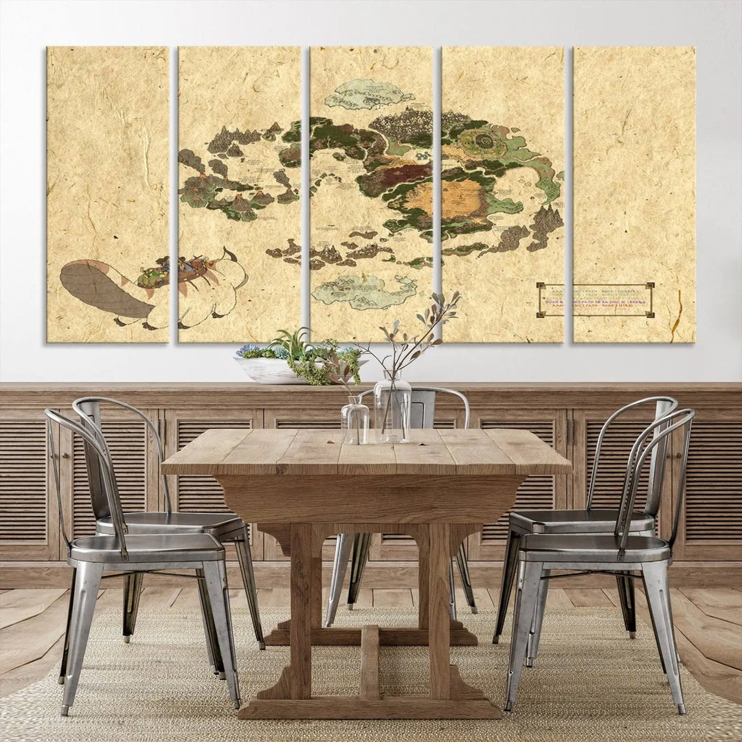 An Avatar The Last Airbender World Map Canvas Wall Art, showcasing a fantasy-inspired map print, hangs gracefully.