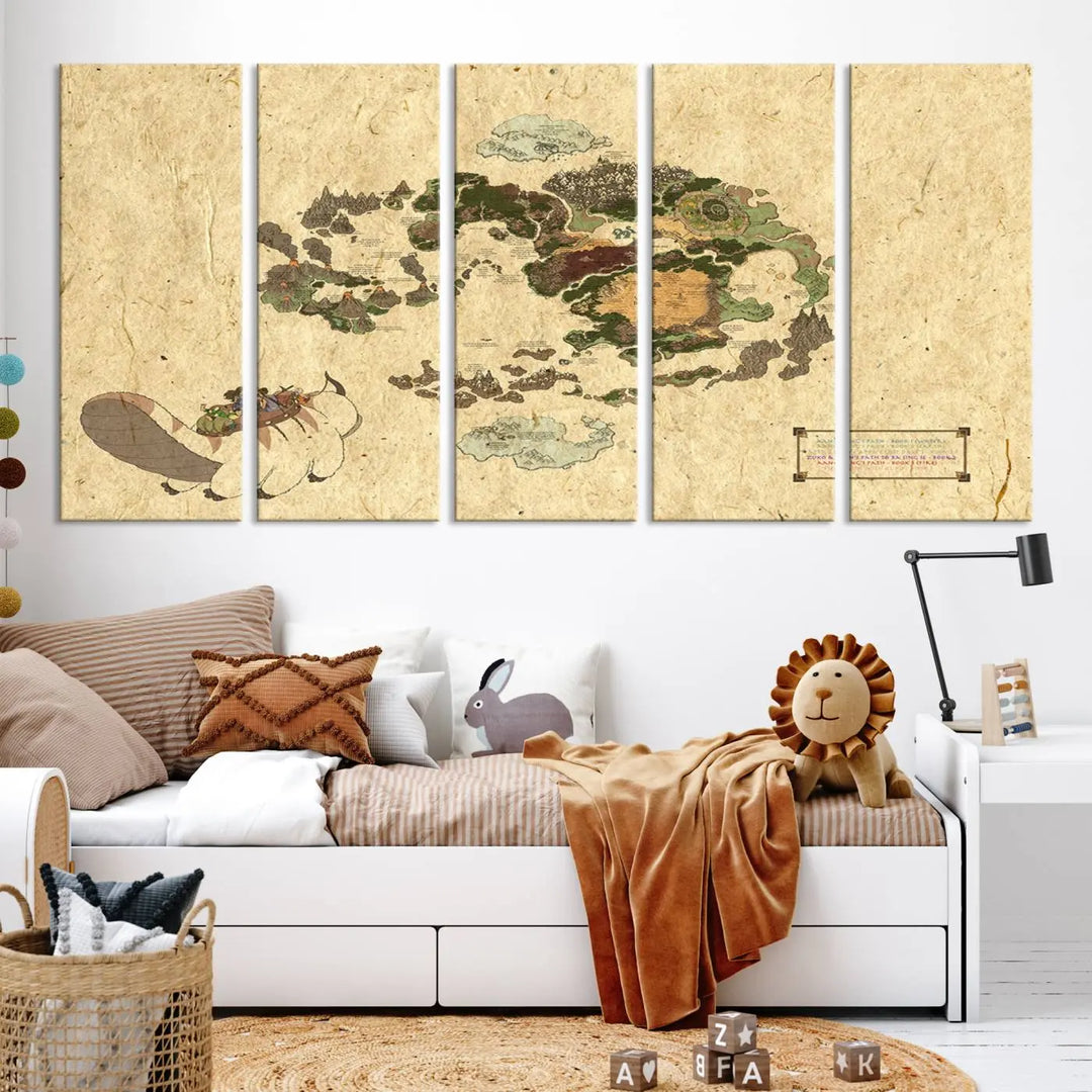 An Avatar The Last Airbender World Map Canvas Wall Art, showcasing a fantasy-inspired map print, hangs gracefully.