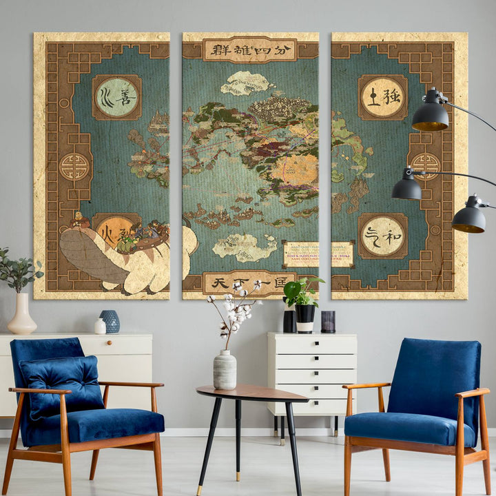 Avatar Wall Art: The Last Airbender Vintage Map - Wall Art Canvas Print, Framed, Ready to Hang - Iconic Four Nations Design