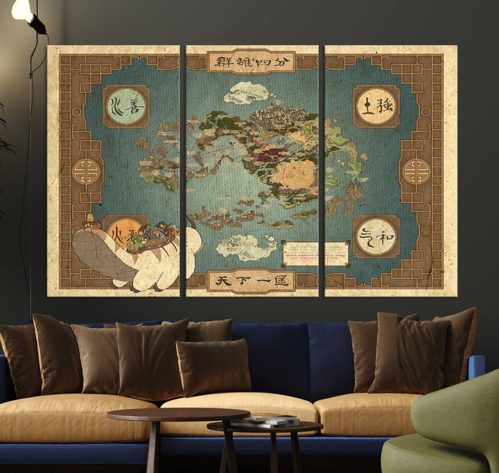 Avatar Wall Art: The Last Airbender Vintage Map - Wall Art Canvas Print, Framed, Ready to Hang - Iconic Four Nations Design
