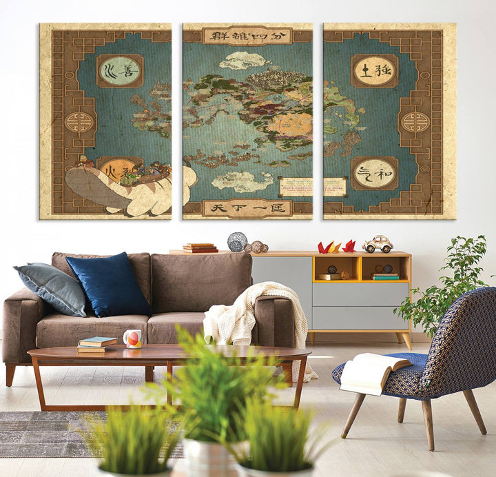 Avatar Wall Art: The Last Airbender Vintage Map - Wall Art Canvas Print, Framed, Ready to Hang - Iconic Four Nations Design
