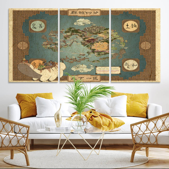 Avatar Wall Art: The Last Airbender Vintage Map - Wall Art Canvas Print, Framed, Ready to Hang - Iconic Four Nations Design
