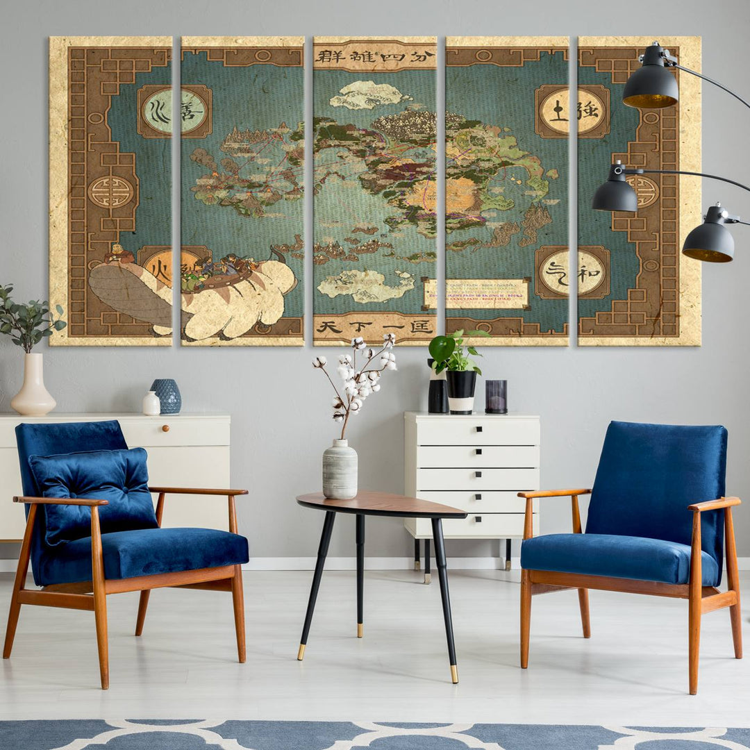 Avatar Wall Art: The Last Airbender Vintage Map - Wall Art Canvas Print, Framed, Ready to Hang - Iconic Four Nations Design
