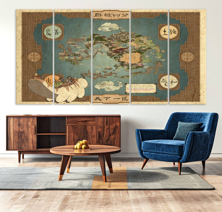 Avatar Wall Art: The Last Airbender Vintage Map - Wall Art Canvas Print, Framed, Ready to Hang - Iconic Four Nations Design