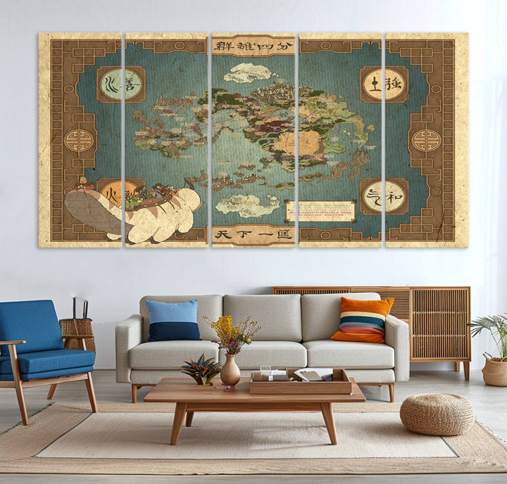 Avatar Wall Art: The Last Airbender Vintage Map - Wall Art Canvas Print, Framed, Ready to Hang - Iconic Four Nations Design