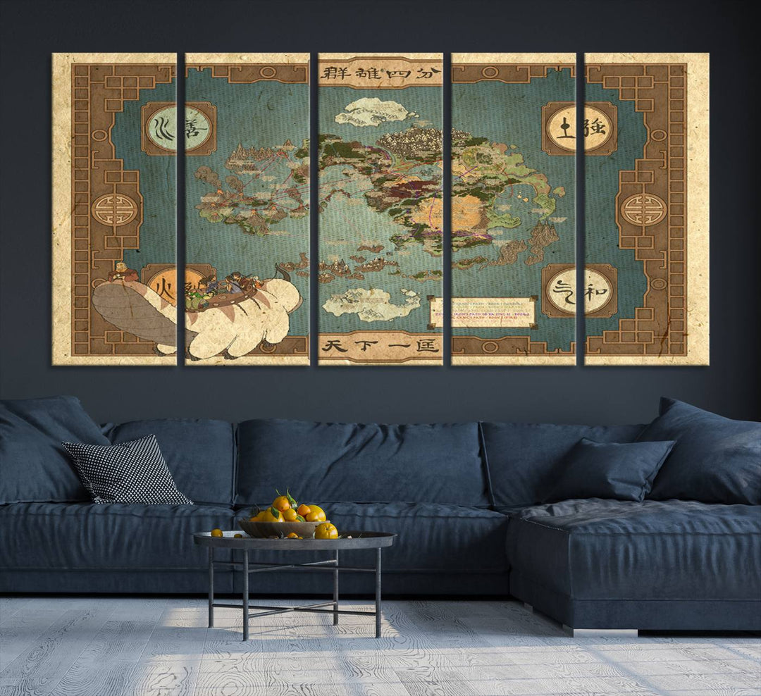 Avatar Wall Art: The Last Airbender Vintage Map - Wall Art Canvas Print, Framed, Ready to Hang - Iconic Four Nations Design
