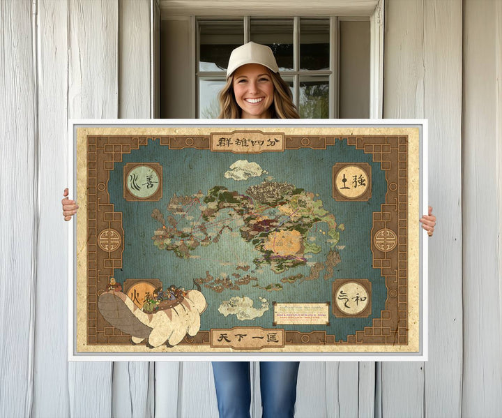 57832-MGV-CV-36X24-Avatar Wall Art: The Last Airbender Vintage Map - Wall Art Canvas Print, Framed, Ready to Hang - Iconic Four Nations Design