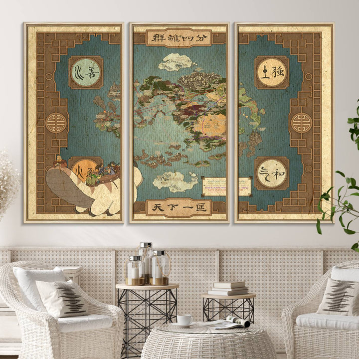 57832-MGV-CV-36X24-Avatar Wall Art: The Last Airbender Vintage Map - Wall Art Canvas Print, Framed, Ready to Hang - Iconic Four Nations Design