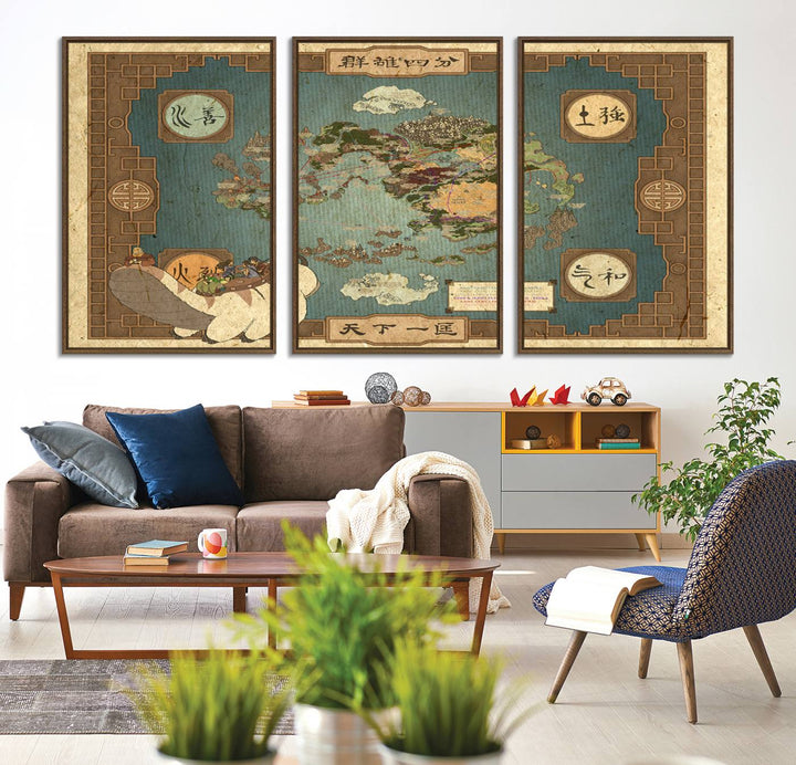 57832-MGV-CV-36X24-Avatar Wall Art: The Last Airbender Vintage Map - Wall Art Canvas Print, Framed, Ready to Hang - Iconic Four Nations Design