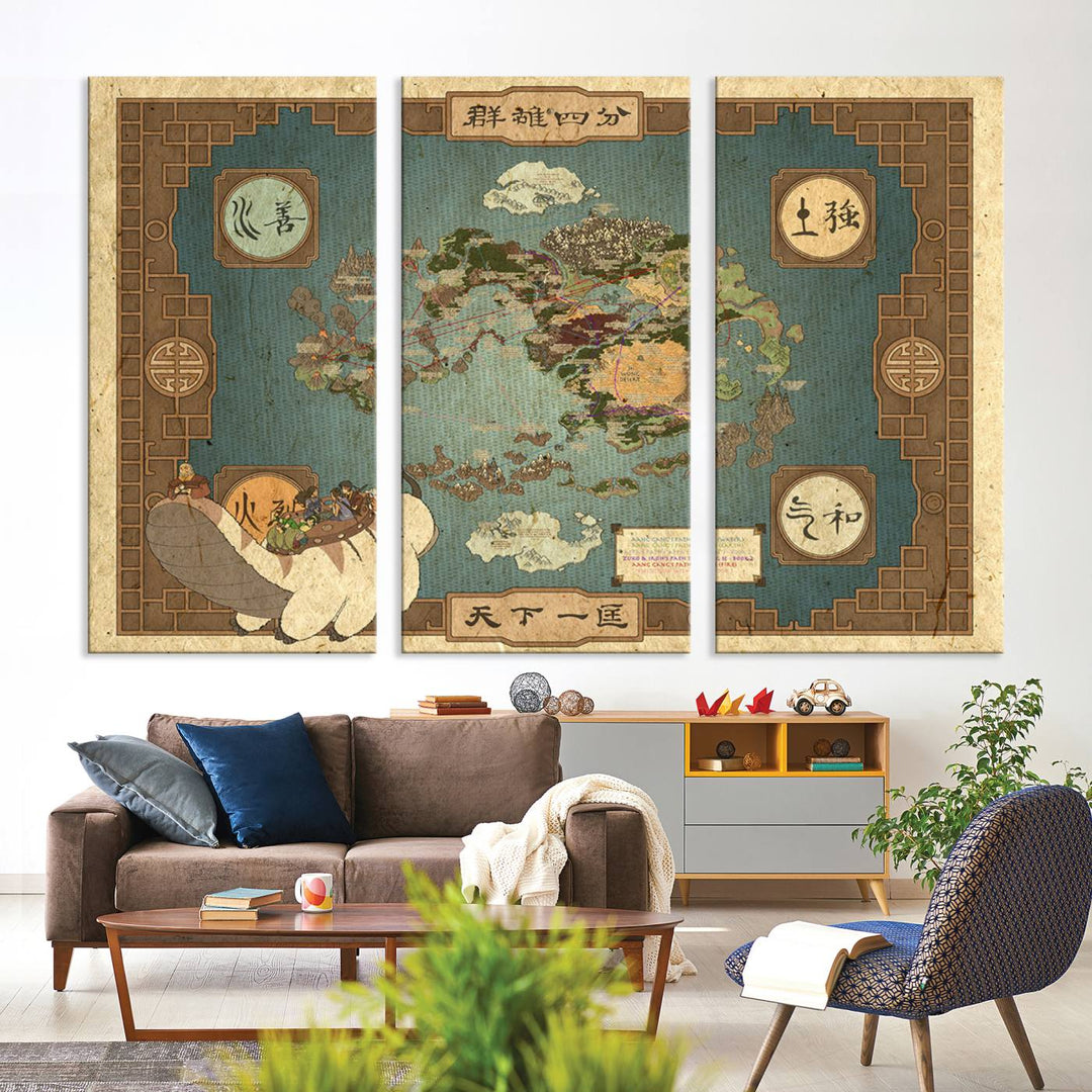 Avatar Wall Art: The Last Airbender Vintage Map - Wall Art Canvas Print, Framed, Ready to Hang - Iconic Four Nations Design
