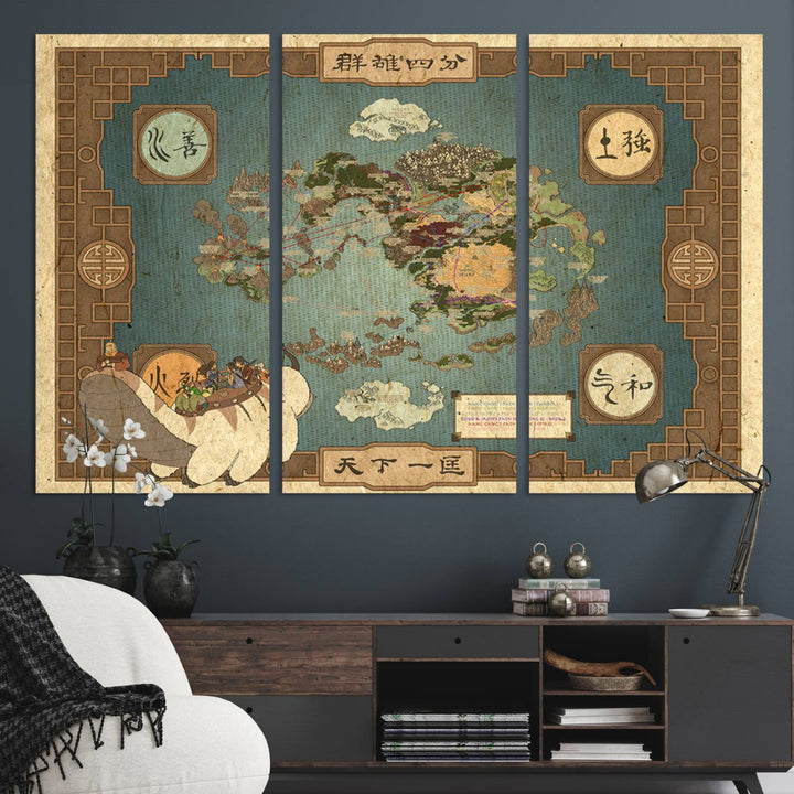 Avatar Wall Art: The Last Airbender Vintage Map - Wall Art Canvas Print, Framed, Ready to Hang - Iconic Four Nations Design