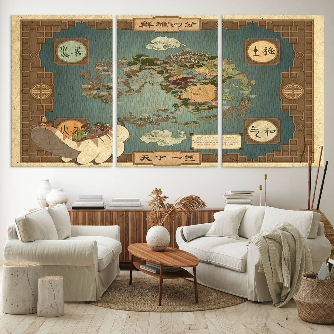 Avatar Wall Art: The Last Airbender Vintage Map - Wall Art Canvas Print, Framed, Ready to Hang - Iconic Four Nations Design