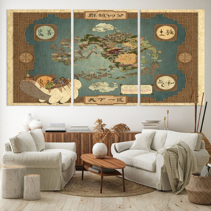 Avatar Wall Art: The Last Airbender Vintage Map - Wall Art Canvas Print, Framed, Ready to Hang - Iconic Four Nations Design