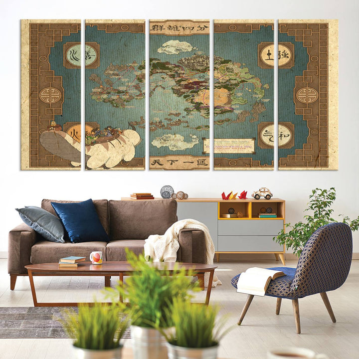 Avatar Wall Art: The Last Airbender Vintage Map - Wall Art Canvas Print, Framed, Ready to Hang - Iconic Four Nations Design